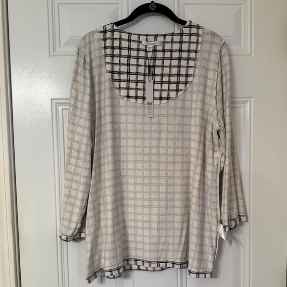 Chicos Size 3 Black & Cream Grid Pattern Square-Neck Lined Shirt, 3/4 Sleeve NWT - Picture 5 of 15